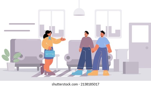 Men couple rent or buy house from real estate agent. Vector flat illustration of lgbt family move to new home. Apartment interior with two guys and woman realtor
