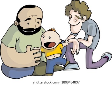 Pareja masculina cuidando a su bebé