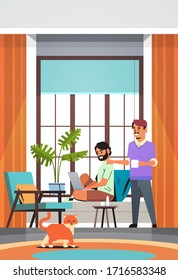 men couple using laptop drinking coffee spending time together during coronavirus quarantine self-isolation freelance stay home concept living room interior vertical full length vector illustration