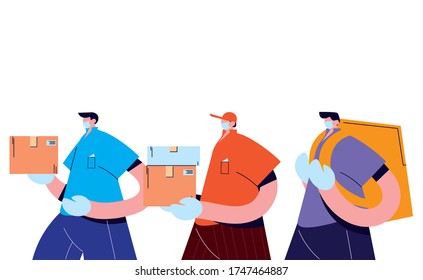 men couriers with mask, gloves, and shipping packages vector illustration desing