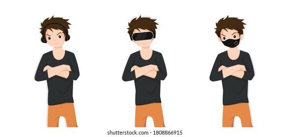 Men covering ears with headphones, eyes with VR device and mouth with protection mask as looking like the three wise monkeys. Don't hear, don't see and don't speak concept. Vector illustration