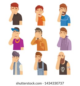 Men Covering Their Face with Hands Set, People Making Facepalm Gestures, Shame, Headache, Disappointment, Negative Emotions Vector Illustration