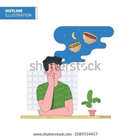 Men craving food, Breaking the fast outline illustration 