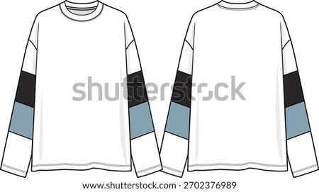 Men crew neck color block oversized long sleeves top, double contrast inserts on sleeve, black and blue inserts, white body, dropped shoulder, sketch front and back, vectors, illustration
