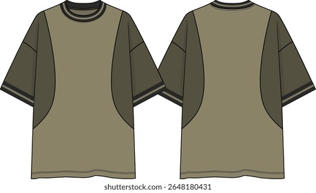 Men crew neck colour block oversized t-shirt with short sleeves dropped shoulder, rounded cuts at front, olive coloration, black and olive yarn dye rib at neck and sleeve cuffs, sketch front and back