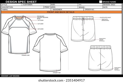 MEN CREW NECK CUT AND SEW WITH SHORT SET DRESS FLAT SKETCH FASHION TEMPLATE TECHNICAL DRAWING ILLUSTRATION