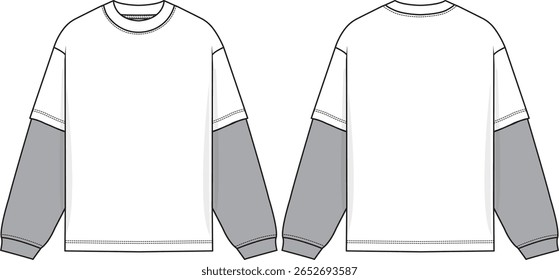 Homens pescoço dupla camadas mangas compridas, ajuste frouxo, bainha regular, mangueiras, esboço da frente e de trás, roupas de vestuário ativas