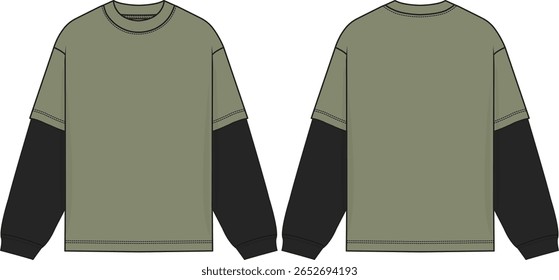Homens pescoço dupla camadas mangas compridas, ajuste frouxo, bainha regular, mangueiras de manga, esboço frontal e traseira, coloração de azeitona com inserção de manga preta, roupas ativewear