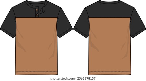 Men crew neck henley top short sleeve regular hem, two buttons placket, colorblock, contrast shoulder and sleeves, brown and black, front and back vectors