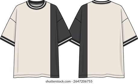 Men crew neck oversized color block tee, vertical cuts wearer left side, off white coloration with black wearer left body and sleeve, short sleeves, black and white yarn dye rib cuff and cuffs band