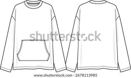 Men crew neck oversized long sleeves top with kangaroo pocket, dropped shoulder, sketch front and back, vectors, basics clothing, illustration, activewear