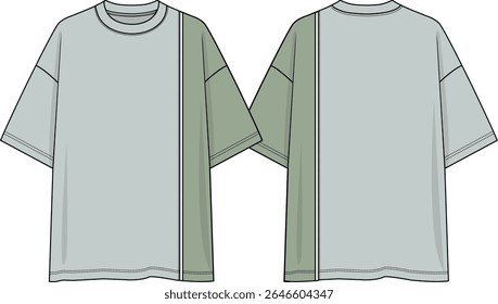 Men crew neck oversized tee color block, vertical cut wearer left side, light green coloration with darker green shade on wearer left body and sleeve, white piping, short sleeves, dropped shoulder