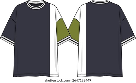 Men crew neck oversized tee color block, asymmetrical vertical cuts wearer left side, navy coloration, white wearer left body, green sleeve, short sleeves, dropped shoulder, yarn dye rib neck and cuff
