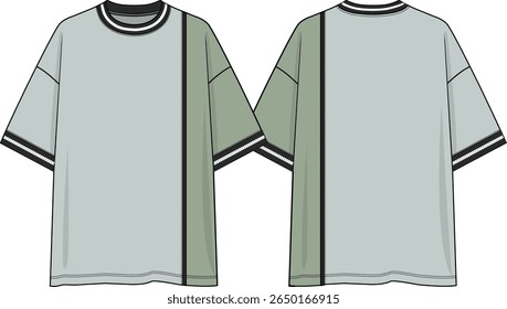 Men crew neck oversized tee with vertical black piping on wearer left side, light green coloration, darker green shade on wearer left body and short sleeve, black and white yarn dye rib neck and cuff