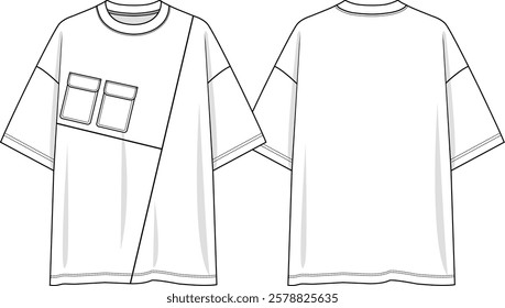 Men crew neck oversized t-shirt dropped shoulder with slanted cuts and double patch pockets, sketch front and back