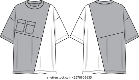 Men crew neck oversized t-shirt dropped shoulder with slanted cuts and double patch pockets, sketch front and back