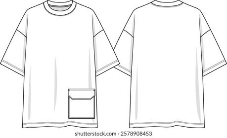 Men crew neck oversized t-shirt dropped shoulder with wearer left patch pocket at bottom hem, sketch front and back, vectors