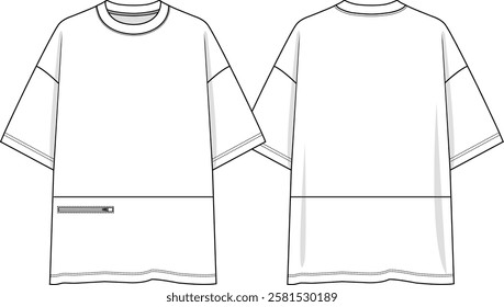 Men crew neck oversized t-shirt with zipper on wearer right side near bottom hem, dropped shoulder, sketch front and back