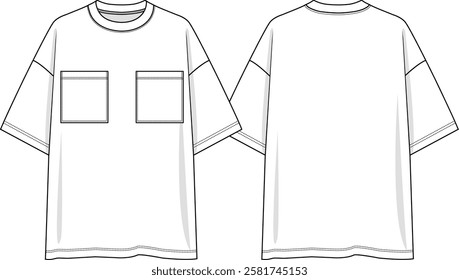 Men crew neck oversized t-shirt with double patch pockets on chest, dropped shoulder, sketch front and back, vectors