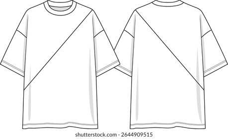 Men crew neck oversized t-shirt dropped shoulder, slanted cut, sketch front and back, vectors