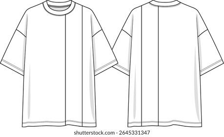 Men crew neck oversized t-shirt with asymmetrical vertical panel on wearer left side, short sleeves, dropped shoulder, sketch front and back, vectors