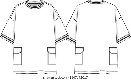 Men crew neck oversized t-shirt with side pockets, dropped shoulder, short sleeves, sketch front and back, yarn dye rib neck and cuffs, white and black yarn dye rib color, vectors