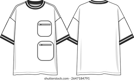 Men  crew neck oversized t-shirt dropped shoulder, short sleeves, double patch pockets with zipper pockets, black and white yarn dye rib at neck and cuff, sketch front and back, vectors
