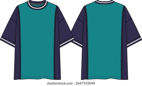 Men crew neck oversized t-shirt, short sleeves dropped shoulder, navy side panels and sleeves, green mid body, pipings, navy and white yarn dye rib neck band and cuffs, sketch front and back, vectors
