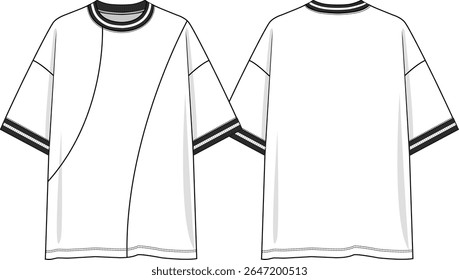 Men crew neck oversized t-shirt short sleeves with dropped shoulder, asymmetrical curvy cuts at front only, 2 tones yarn dye rib at neck and sleeve cuffs, black and white ribs, sketch front and back,