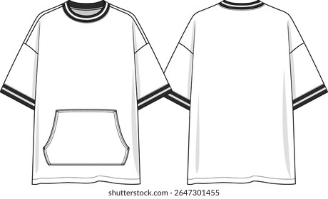 Homens pescoço de tripulação t-shirt de grandes dimensões com bolso canguru, mangas curtas com ombro caído, fio preto e branco costela no pescoço e punhos, esboço frente e atrás, vetores