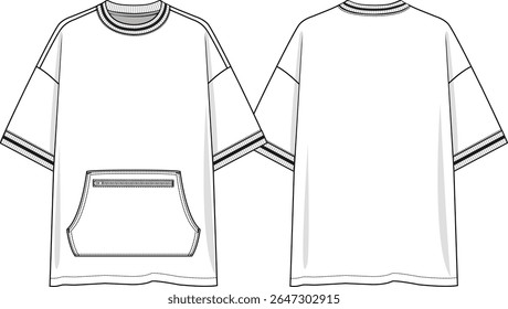 T-shirt de grande porte para a tripulação masculina com bolso canguru e zíper, mangas curtas com ombro caído, costela de corante de fio branco e preto no pescoço e punhos, esboço frente e atrás, vetores