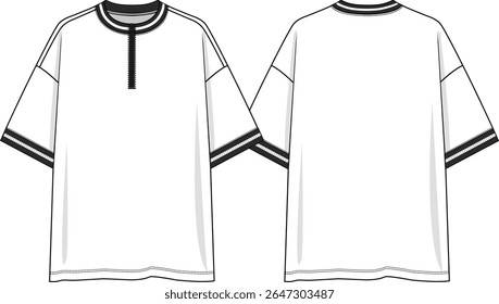 Men crew neck oversized t-shirt with zipper at center front neckline, short sleeves with dropped shoulder, black and white yarn dye rib at neck and cuffs, sketch front and back, vectors, sketch front