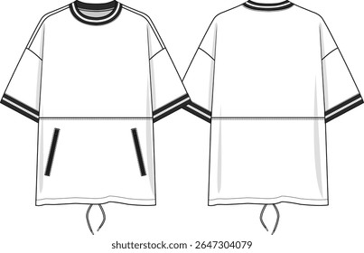 Men crew neck oversized t-shirt with zipper pockets and inside drawcord at hem, short sleeves dropped shoulder, black and white yarn dye rib neck and cuffs, sketch front and back, vectors