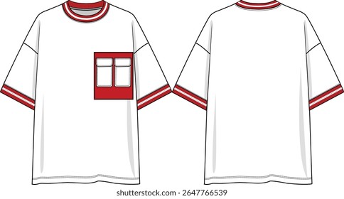 Men crew neck oversized t-shirt short sleeves with dropped shoulder, double patch pockets on wearer left side, red and white yarn dye rib at neck and cuffs, sketch front and back, vectors