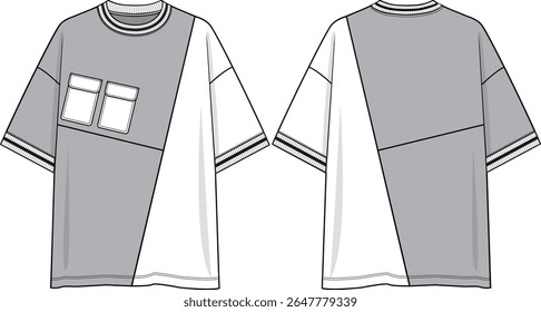 Men crew neck oversized t-shirt short sleeves dropped shoulder with slanted cuts and double patch white pockets, white and black yarn dye rib at neck and cuff, sketch front and back, vectors