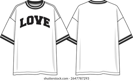 Men crew neck oversized t-shirt short sleeve with dropped shoulder, black and white yarn dye rib at neck and cuffs, love wording graphic at front body, sketch front and back, vectors