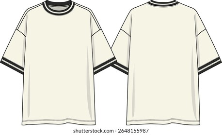 Homens pescoço de tripulação mangas curtas de t-shirt grandes com ombro derrubado, fora de t-shirt branca, fio preto e branco costela de tintura no pescoço e punhos, esboço frente e atrás, vetores, roupas básicas, best-seller