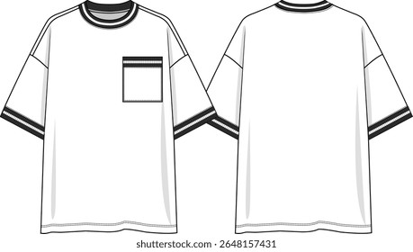 Homens pescoço de tripulação mangas curtas de t-shirt de grandes dimensões com ombro caído, t-shirt branca, fio preto e branco corante costela no pescoço, punhos e bolso de remendo de peito, esboço frente e atrás, vetores, best-seller