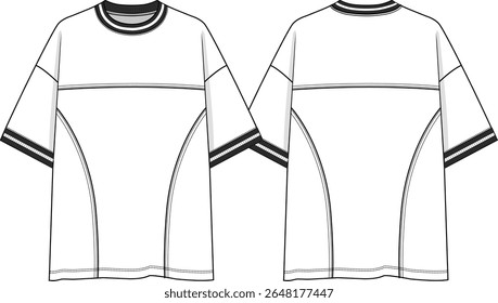 Men crew neck oversized t-shirt with yokes and rounded seams, black and white yarn dye at neck and cuff sleeves, short sleeves dropped shoulder, sketch front and back