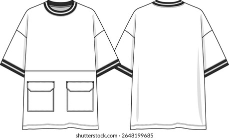 Homens pescoço de tripulação t-shirt de grandes dimensões com bolsos de patch duplo, mangas curtas com ombro caído, fio preto e branco costela de tintura no pescoço e manga manguito, esboço frente e atrás, vetores, melhor item de moda