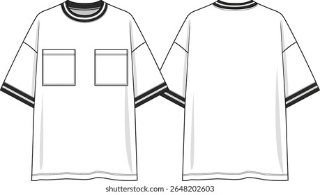 T-shirt homem pescoço de grandes dimensões com bolsos de adesivo duplo no peito, mangas curtas caiu ombro, fio preto e branco costela no pescoço e mangas de punhos, esboço frente e trás, vetores, melhor item