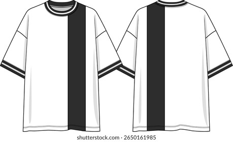 Men crew neck oversized t-shirt with black vertical panel on wearer left side, short sleeves with dropped shoulder, black and white yarn dye rib at neck and cuff, sketch front and back, vectors