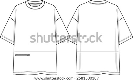 Men crew neck oversized t-shirt with zipper on wearer right side near bottom hem, dropped shoulder, sketch front and back