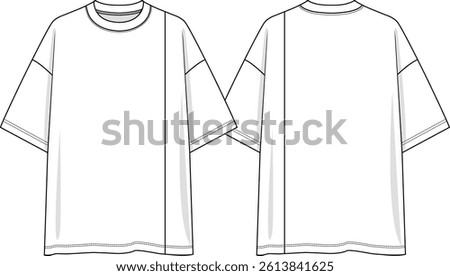 Men crew neck oversized t-shirt with asymmetrical vertical cuts on wearer left side, short sleeves, dropped shoulder, sketch front and back, vectors