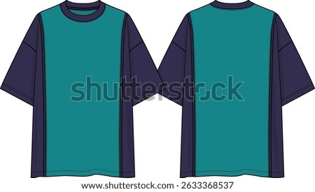 Men crew neck oversized t-shirt dropped shoulder, color block navy and green, coloured sketch, vertical cuts with piping on bodies, sketch front and back, basics clothing, vectors