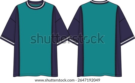 Men crew neck oversized t-shirt, short sleeves dropped shoulder, navy side panels and sleeves, green mid body, pipings, navy and white yarn dye rib neck band and cuffs, sketch front and back, vectors