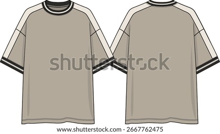 Men crew neck oversized t-shirt short sleeve with dropped shoulder, black and white yarn dye rib at neck and cuffs, off white shoulder insert, oatmeal colour t-shirt, sketch front and back, vectors