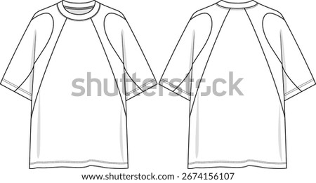 Men crew neck oversized t-shirt with sleeve panelled for a structured silhouette, side body insert, sketch front and back, illustration, vectors, activewear