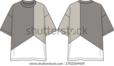 Men crew neck oversized t-shirt color block with taupe and oatmeal insert with bottom white panel, dropped shoulder, pointy cut at front and back, sketch front and back
