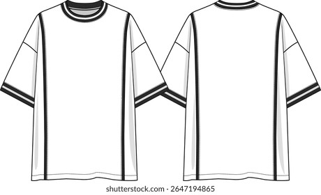 Men crew neck oversized white t-shirt with short sleeves dropped shoulder, vertical cuts with black piping on bodies, black and white yarn dye rib neck band and cuffs, sketch front and back, vectors